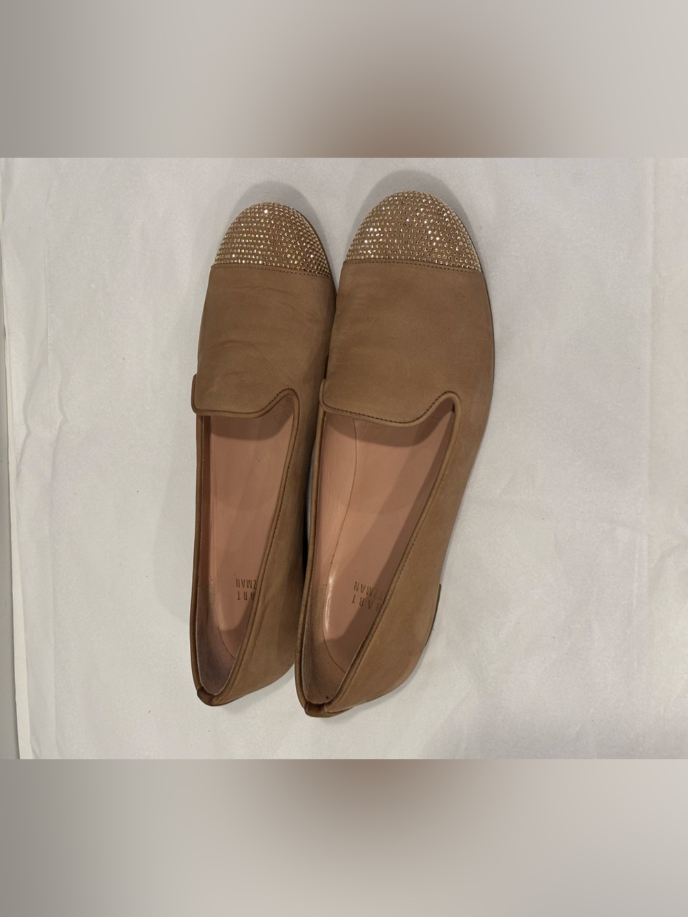 Stuart Weitzman Tan Suede Flats with Rhinestone Cap Toe